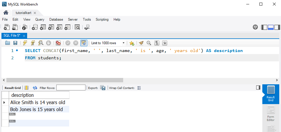 SQL CONCAT() Function Example - Adding Extra Text to Concatenated Values