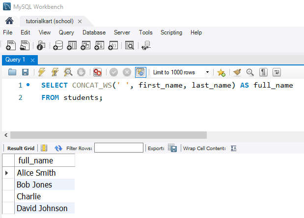 SQL CONCAT_WS() Function Example - Concatenating First Name and Last Name with a Space Separator