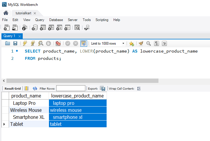 SQL LOWER() Example - Converting Product Names to Lowercase