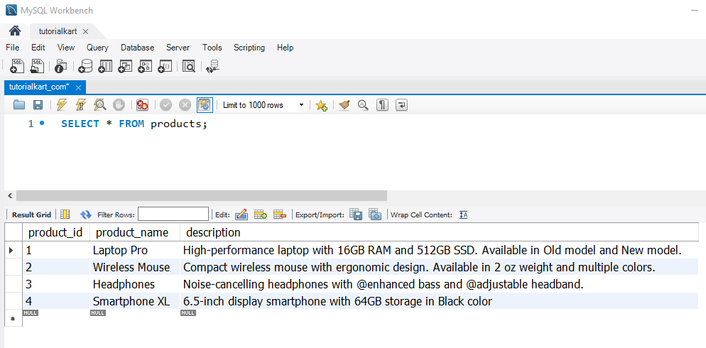 SQL REPLACE() - products table for examples