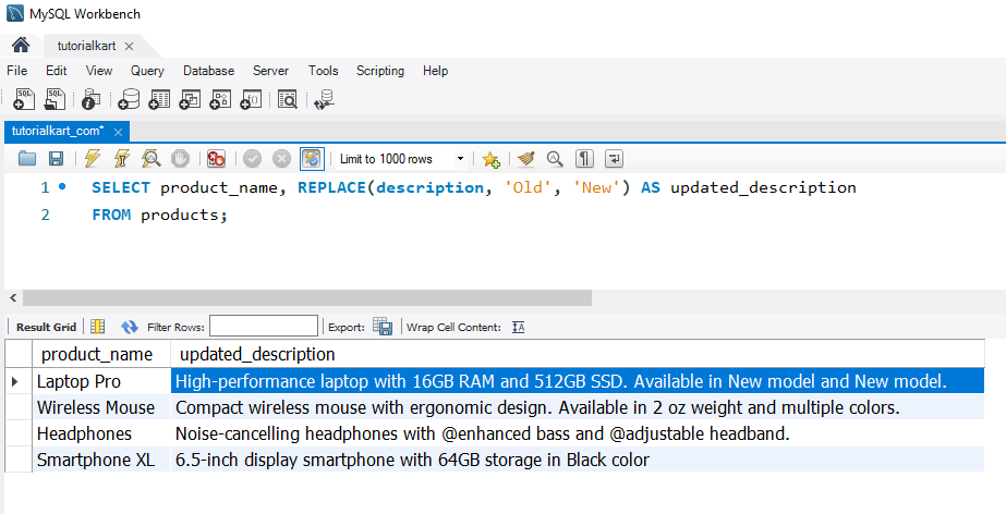 SQL REPLACE() Example - Replacing a Word in Product Descriptions