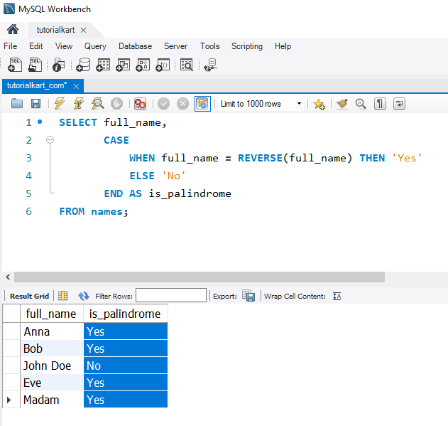 SQL REVERSE() Example  - Checking for Palindromes Using REVERSE()