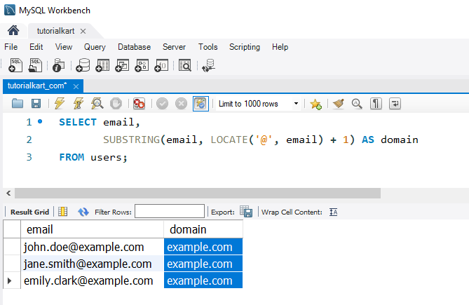 Extract Substrings in MySQL - Example -  Extracting Domain from Email Address