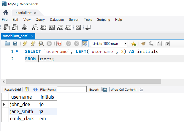 Extract Substrings in MySQL - Example -  Extracting substring using LEFT()