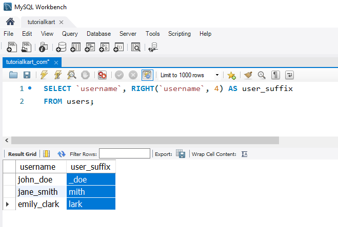 Extract Substrings in MySQL - Example -  Extracting substring Using RIGHT()