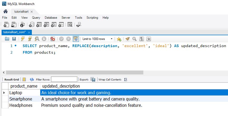 Replace Text in a String in MySQL - Replacing a Word in the Description column