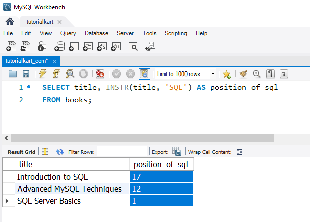 Find Index of Substring in MySQL - Example - Using INSTR() to Find a Word in a Title