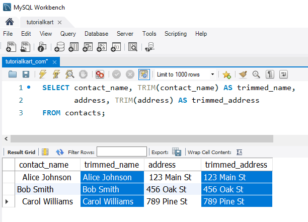 Trim Whitespace from Strings in MySQL - Example - Using TRIM() to Remove Leading and Trailing Spaces