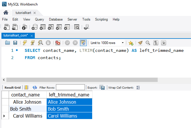 Trim Whitespace from Strings in MySQL - Example - Using LTRIM() to Remove Leading Spaces Only