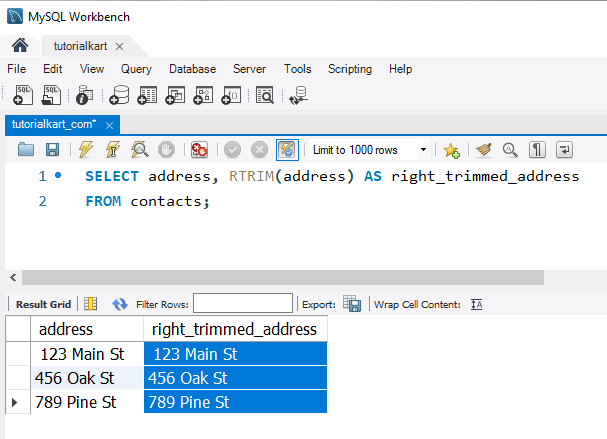 Trim Whitespace from Strings in MySQL - Example - Using RTRIM() to Remove Trailing Spaces Only