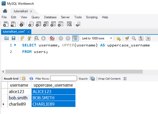 Convert Strings to Uppercase in MySQL - Example - Converting Usernames to Uppercase