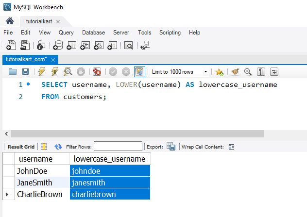 Convert Strings to Lowercase in MySQL - Example - Converting Usernames to Lowercase