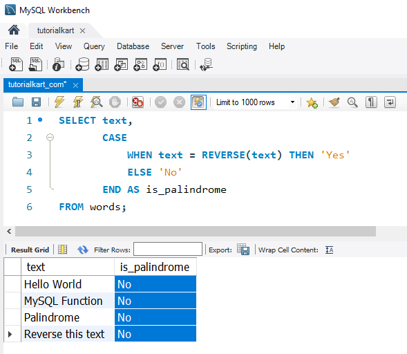 Reverse Strings in MySQL - Example - Checking for Palindromes Using REVERSE()