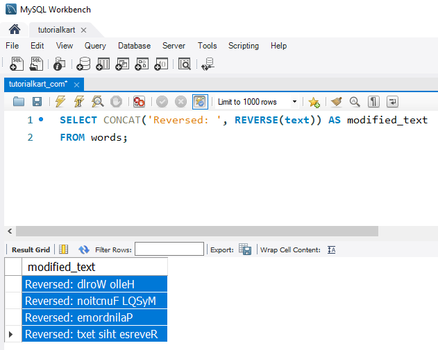 Reverse Strings in MySQL - Example - Using REVERSE() with CONCAT() for Customized Output