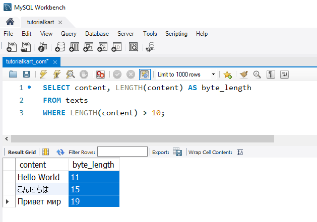 Find String Length in MySQL - Example - Using LENGTH() to Filter Based on Byte Size