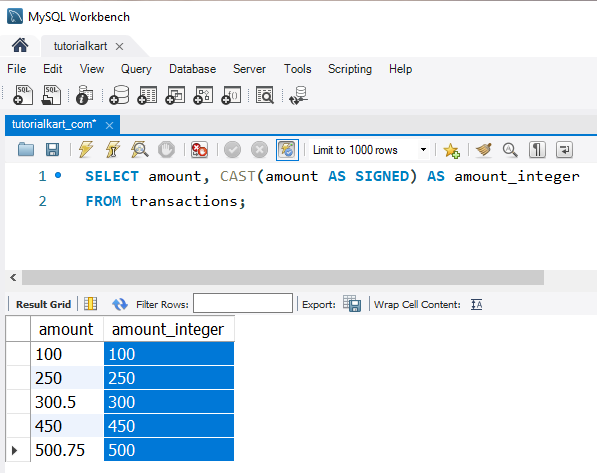 Convert Strings to Integers in MySQL - Example - Using CAST() to Convert Amount to Integer