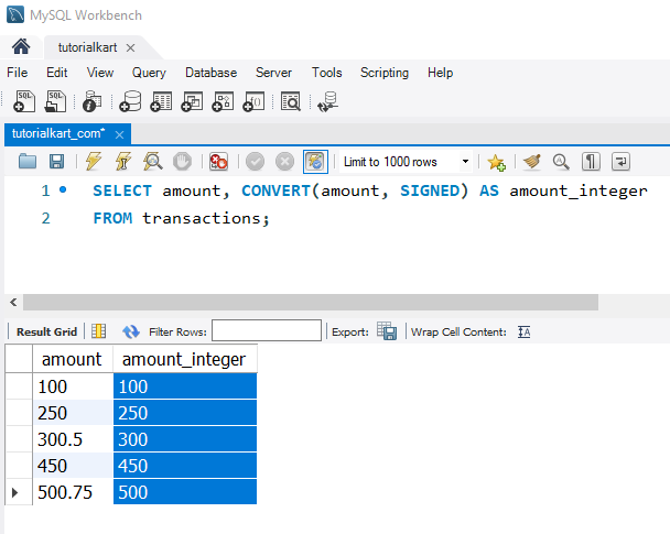 Convert Strings to Integers in MySQL - Example - Using CONVERT() to Convert Amount to Integer