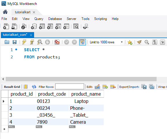 SQL TRIM() - products table data for examples