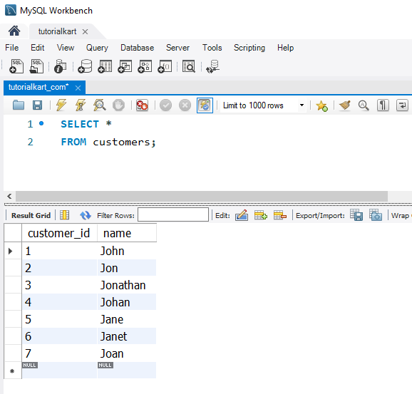 customers table data for examples