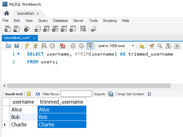 SQL RTRIM() - Example: Removing Trailing Spaces from Usernames