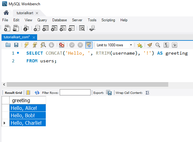 SQL RTRIM() - Example: Using RTRIM() with CONCAT() for Formatted Output