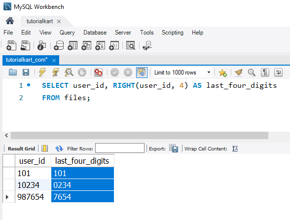 SQL RIGHT() - Example: Extracting the Last Four Digits of User IDs