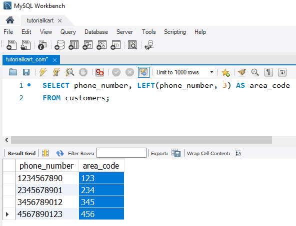 SQL LEFT() - Example: Extracting Area Codes from Phone Numbers