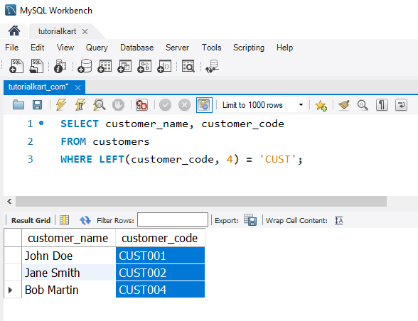 SQL LEFT() - Example: Using LEFT() with WHERE Clause