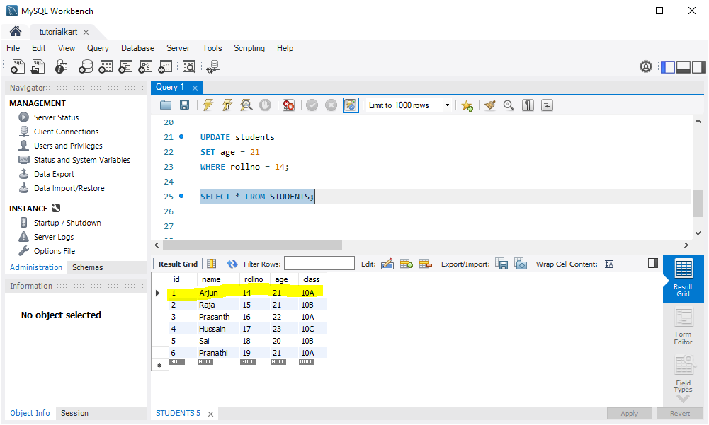 MySQL - Update a Single Row - Updated table