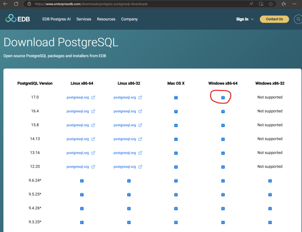 Choose the appropriate version and architecture for PostgreSQL installation