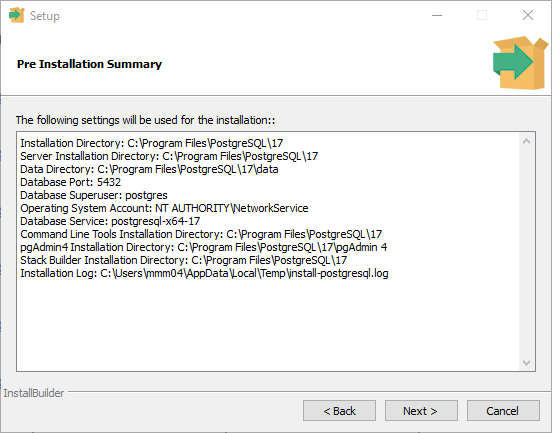 PostgreSQL - Pre installation summary