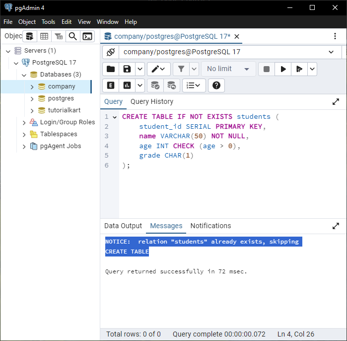 PostgreSQL - Create Table If Not Exists - Example when the table is present already