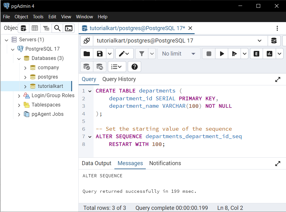 PostgreSQL - Create Table with Primary Key Autoincrement - Customizing the Starting Value of Auto-increment