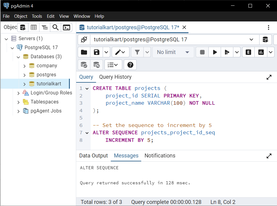 PostgreSQL - Create Table with Primary Key Autoincrement - Example: with Custom Increment