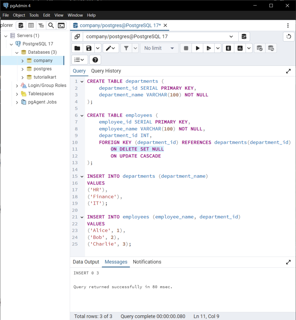 PostgreSQL  - Example - Foreign Key Column Using SET NULL