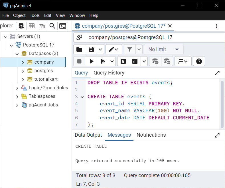 Create Table with Date Column in PostgreSQL Database, with a Default Value for DATE Column