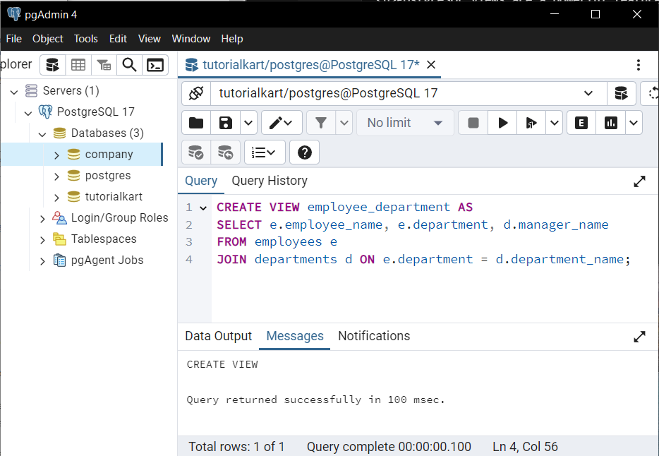 PostgreSQL - Updating Data Through a View - Example: Creating a View with Joins