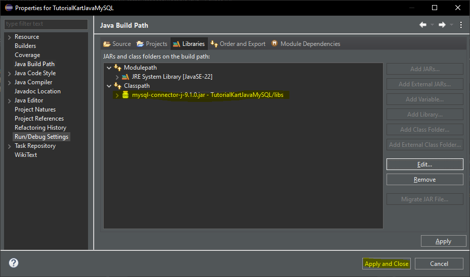 Add MySQL Connector/J JAR file to Java Build Path - Apply and Close