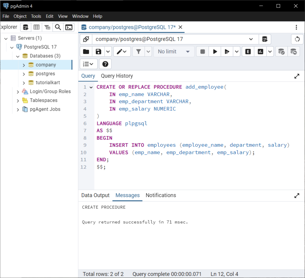 PostgreSQL - Stored Procedure Exmaples