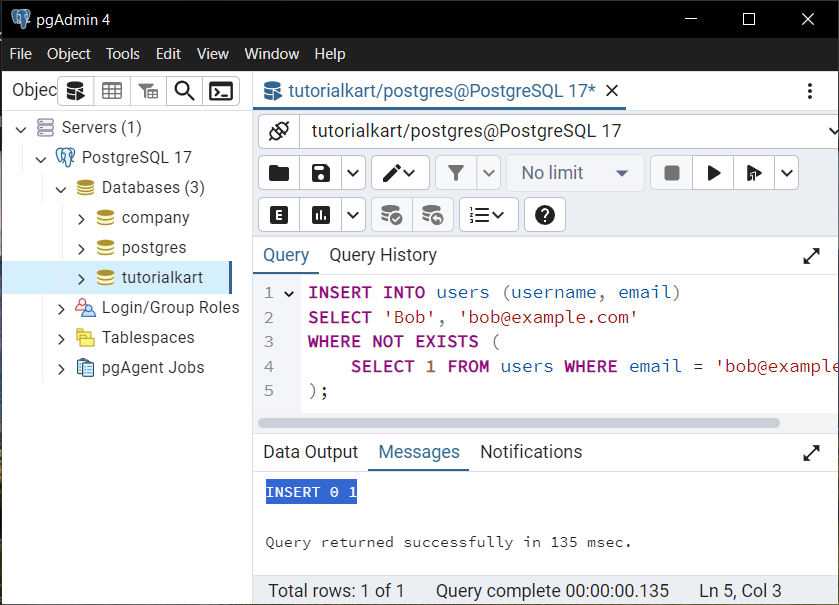 PostgreSQL - Insert Row if Not Exists in Table - Method 2: Using Conditional INSERT with NOT EXISTS - First Insert