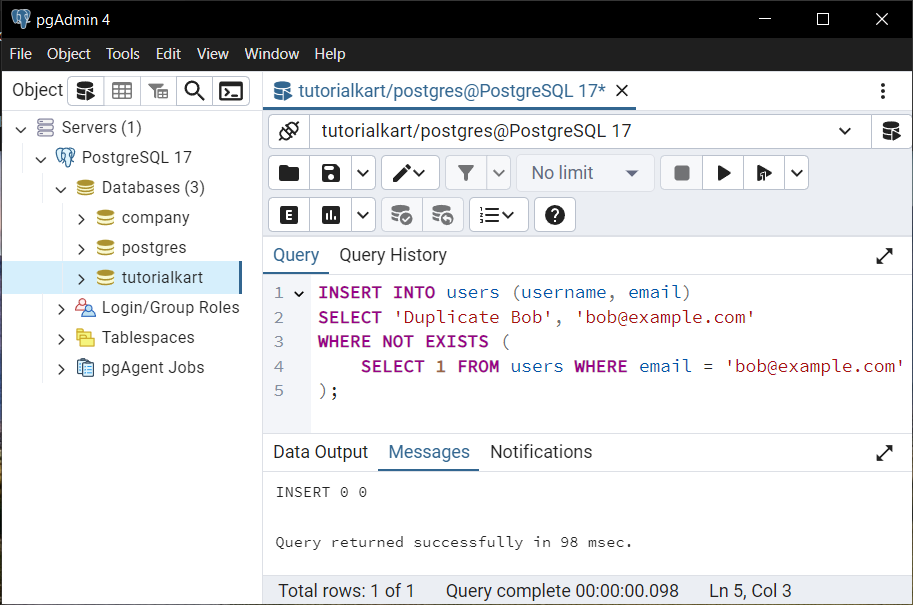 PostgreSQL - Insert Row if Not Exists in Table - Method 2: Using Conditional INSERT with NOT EXISTS