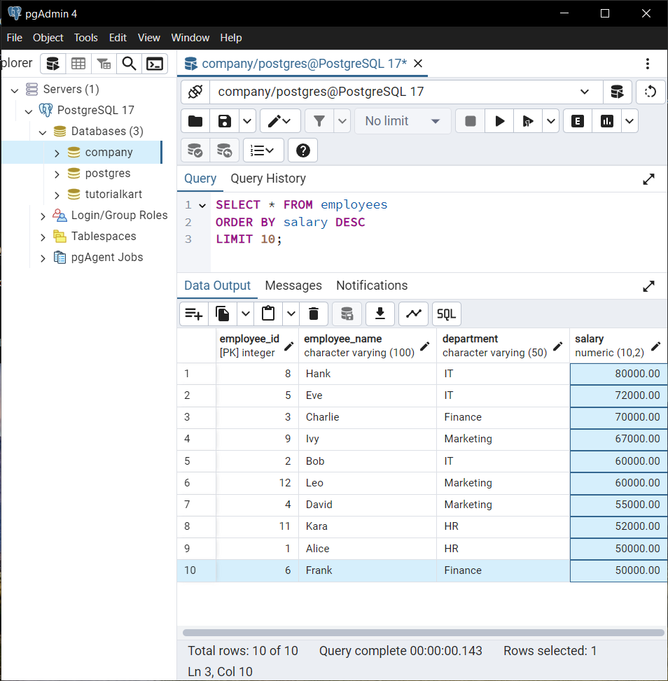 PostgreSQL - Selecting Top 10 Rows with Sorting