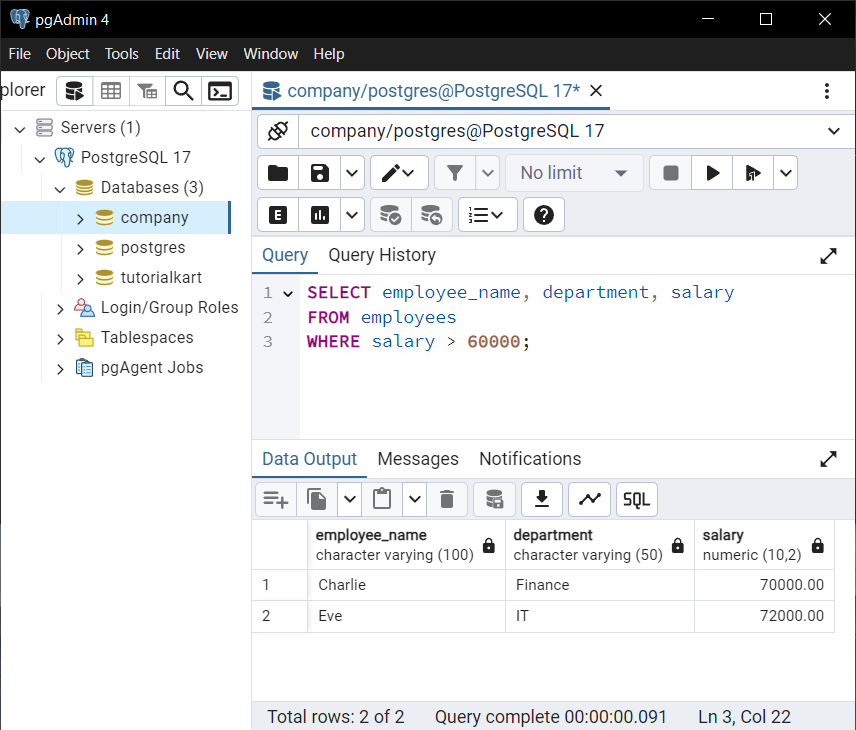 PostgreSQL - Select Query with WHERE Clause Using Comparison Operators