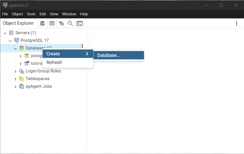 Create a Database in pgAdmin 4 - Step 3 - Create Database Dialog