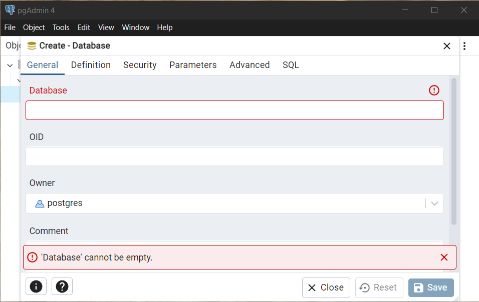 Create a Database in pgAdmin 4 - Step 3 - Enter Database name