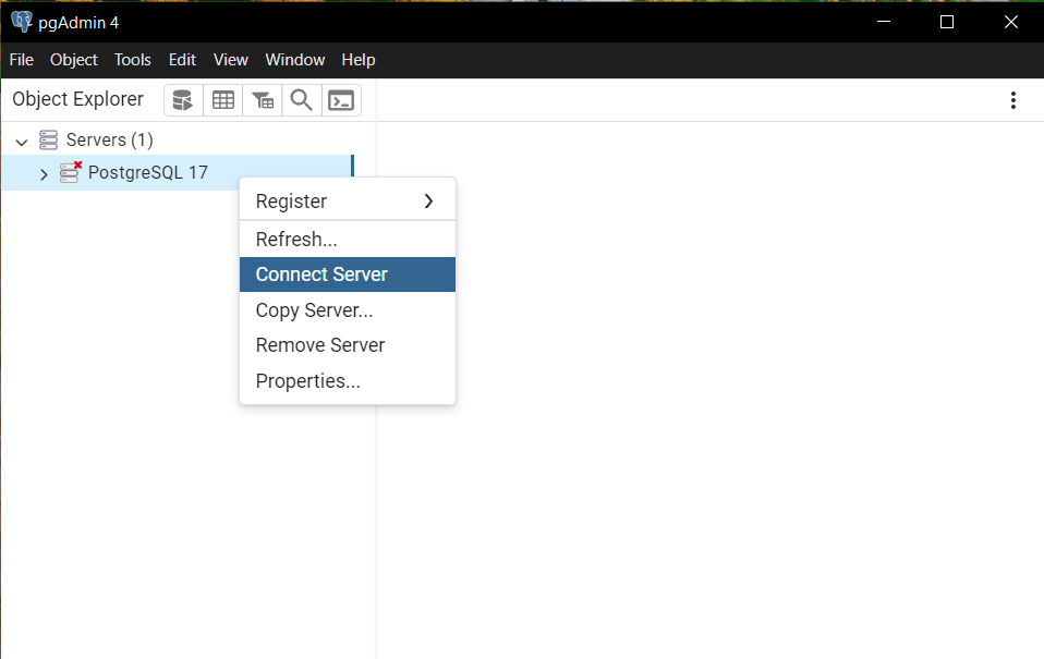 Delete a Database in pgAdmin 4 - Step 2: Connect to Your PostgreSQL Server