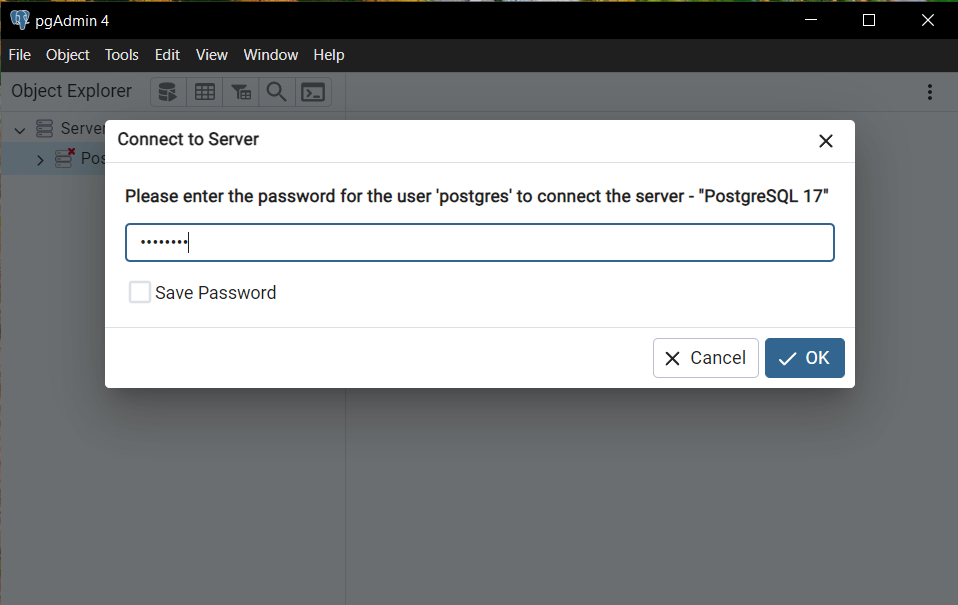 Delete a Database in pgAdmin 4 - Step 2: Connect to Your PostgreSQL Server - Enter password