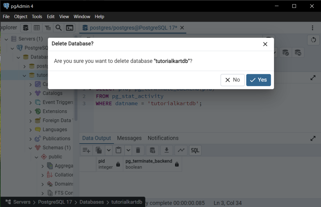 Delete a Database in pgAdmin 4 - Step 5: Delete the Database - Click Yes in the dialog.