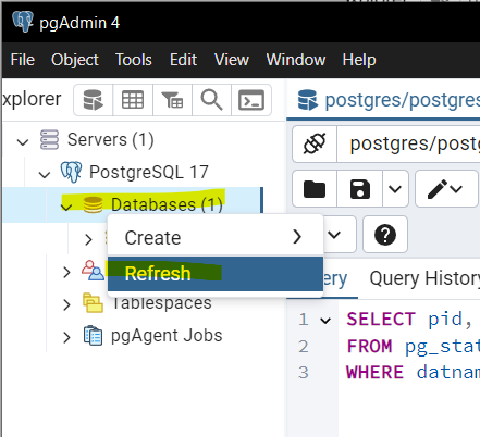 Delete a Database in pgAdmin 4 - Step 6: Verify the Deletion