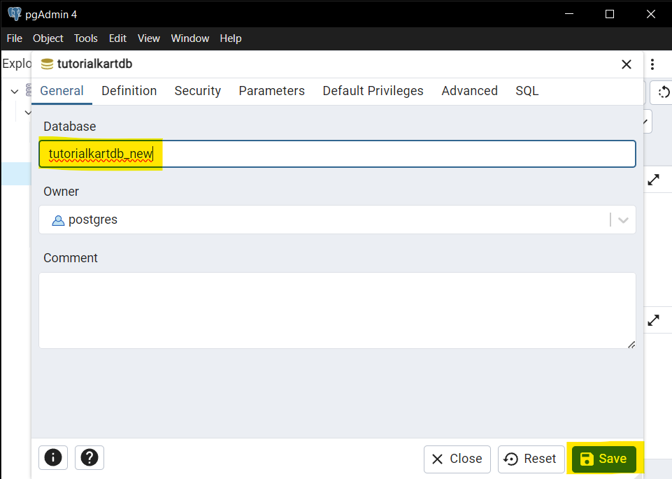 Rename a Database in pgAdmin 4 - Step 4: Rename the Database